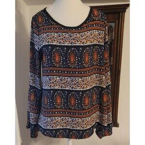 Anna Grace Bell Sleeve Boho Top Womens Geometric Print Flowy Blouse Sz L